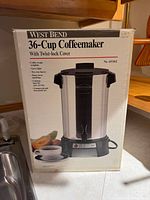 Retail box showing West Bend 36-Cup Coffeemaker image and specifications