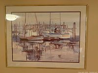 Full view of framed watercolour showing harbour scene and signature