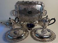 Full set overview showing tray, beverage pots, covered dishes, creamer and cobalt bowl