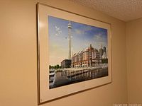 Full view of framed Toronto Harbour print on wall