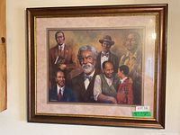 Full view of framed portrait print hanging on wall