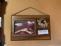 Front view showing full plaque with photo, deer relief and chain