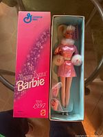 Boxed Winter Dazzle Barbie showing full doll and accessories