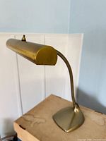 Side view of brass gooseneck lamp on table