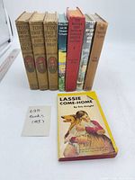 Group shot of eight books standing and one laying showing spines and covers