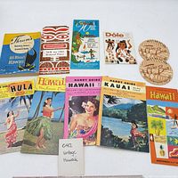 Full lot overview showing all 10 Hawaiian travel items and coasters