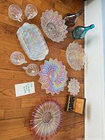 Overview of all glass items, bottles, tray, marbles