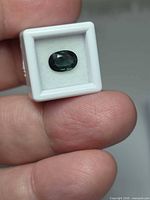 Sapphire in white gem case, top view showing oval shape and color