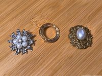Front view of all three brooches showing designs and materials