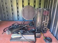 Full lot overview showing JVC stereo, microphone, pop filter, foot pedal, power adapter, remote and cables