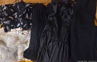 Row of black garments, feather blouse, silver tweed skirt