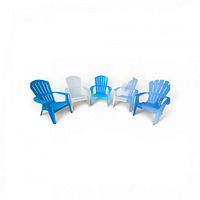 Five blue resin Adirondack chairs arranged in semi-circle