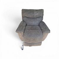 Front view of grey La-Z-Boy power recliner with remote and cord visible