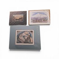 Group shot of three matted art pieces in sleeves