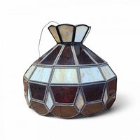 Front view of stained glass lamp shade showing panel colors and overall condition