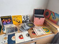 Overview of records, sleeves, both storage boxes