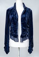 Full front view of navy ruched velvet jacket on mannequin