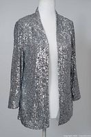 Front view of silver sequin jacket on mannequin
