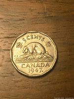 Reverse showing beaver, 5 CENTS, CANADA 1947