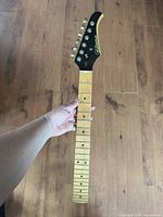 Front view of Silvertone guitar neck showing birdseye maple fingerboard and headstock