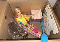Box containing Barbie in kayak, paddle, boxed figurines, sticker sheet, yellow toy