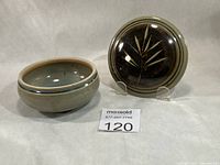 Covered dish base and lid shown side by side with lot number