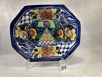 Front view of Talavera octagonal serving bowl displaying full painted design