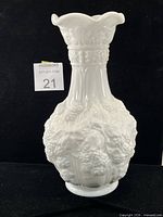 Front view of white milk glass Loganberry vase