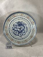 Front view of porcelain dragon plate showing full design