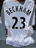 Back view showing BECKHAM name and 23 number, MLS sleeve patch, hologram tag visible near hem