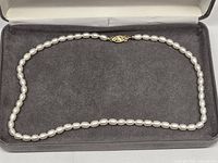 Full view of pearl necklace inside case, showing length and clasp