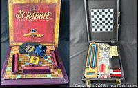 Scrabble Collector's Edition components laid out beside multi-game case interior