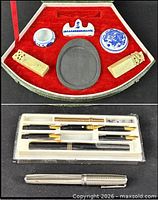 Closed Chinese calligraphy set opened showing contents and fountain pen sets below