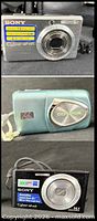 Three compact cameras: silver Sony DSC-S750, blue Olympus Stylus 300, black Sony DSC-W320