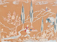 Close-up of central embroidered scene showing figure, trees and landscape