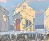 Close view of centre of painting showing shed details and signature area