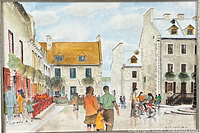 Full view of framed watercolour and ink painting showing Quebec City street scene