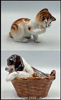 Dual view showing both figurines, kitten licking paw and puppy in basket