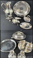 Full lot overview including carafe, trays, gravy boats, swan dish, candlesticks, lidded dish