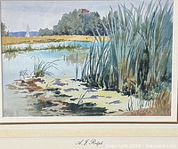 Full view of watercolour marsh scene with mat and frame