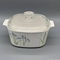 Front view of casserole with lid showing floral pattern