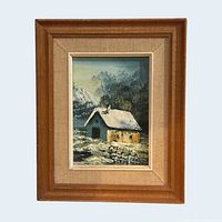 Front view of framed oil painting showing artwork, frame and mat