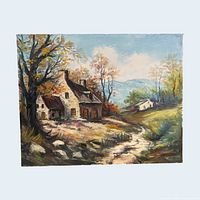Full view of the framed canvas showing entire landscape scene
