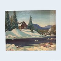 Front view of entire painting showing winter landscape scene and signature area