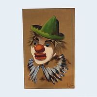 Full view of clown painting on canvas mounted to board