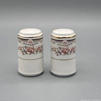 Front view of both porcelain shakers showing floral band and gold trim