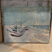 Front view of seascape painting showing boats, composition and overall condition