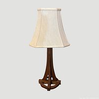 Full view of lamp showing wood base and shade