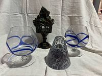 Full lot showing both snifters, cone glass lamp body, ceramic house