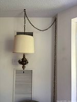 Full view of hanging swag lamp, chain, shade and body